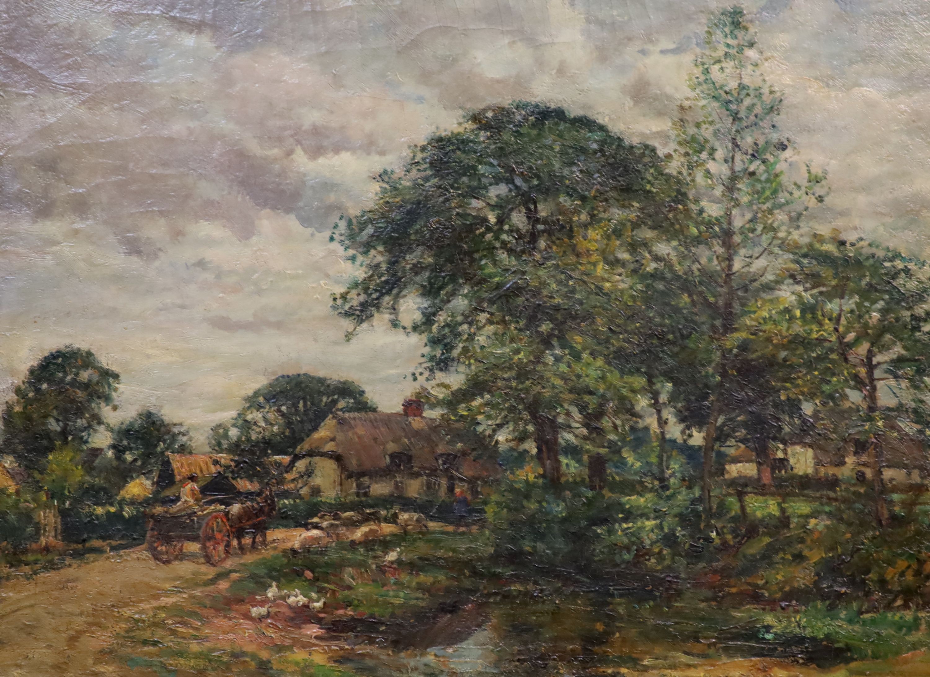 William Mark Fisher (1841-1923), Cart passing a duck pond, a farm beyond, Oil on canvas, 45 x 60cm.